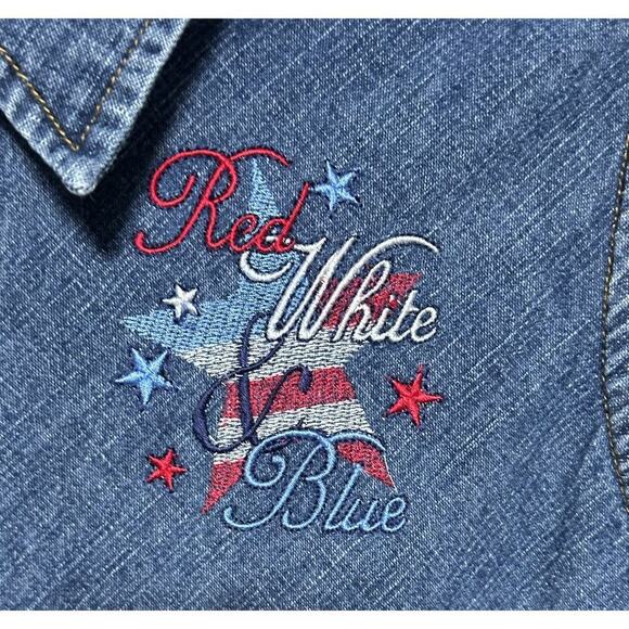 Large Women’s Vintage 90s Patriotic Denim Sleevless Red White Blue 4th of July - Picture 3 of 11